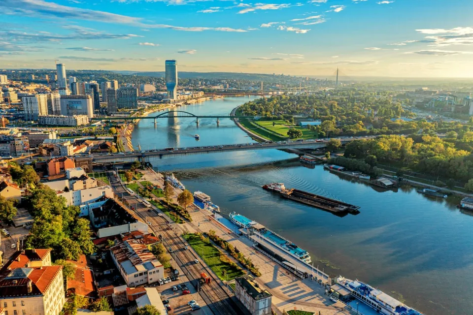 Aerial view of the Danube River in Belgrade, Serbia.